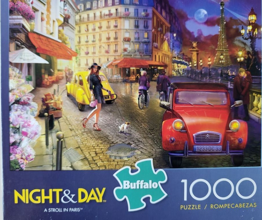 A split-view illustration of a Paris street scene showing a transition from daylight to twilight with the Eiffel Tower.