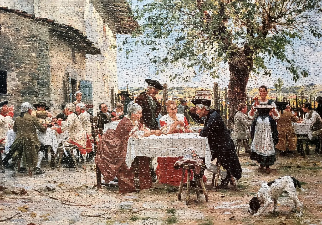 A detailed 18th-century style painting of a social gathering with people dining outdoors at a rustic countryside inn.