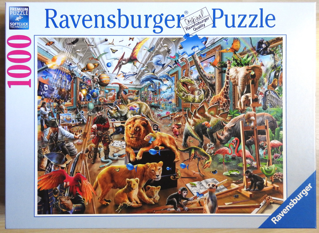 A whimsical art gallery filled with wild animals, dinosaurs, pirates, and space exploration elements.