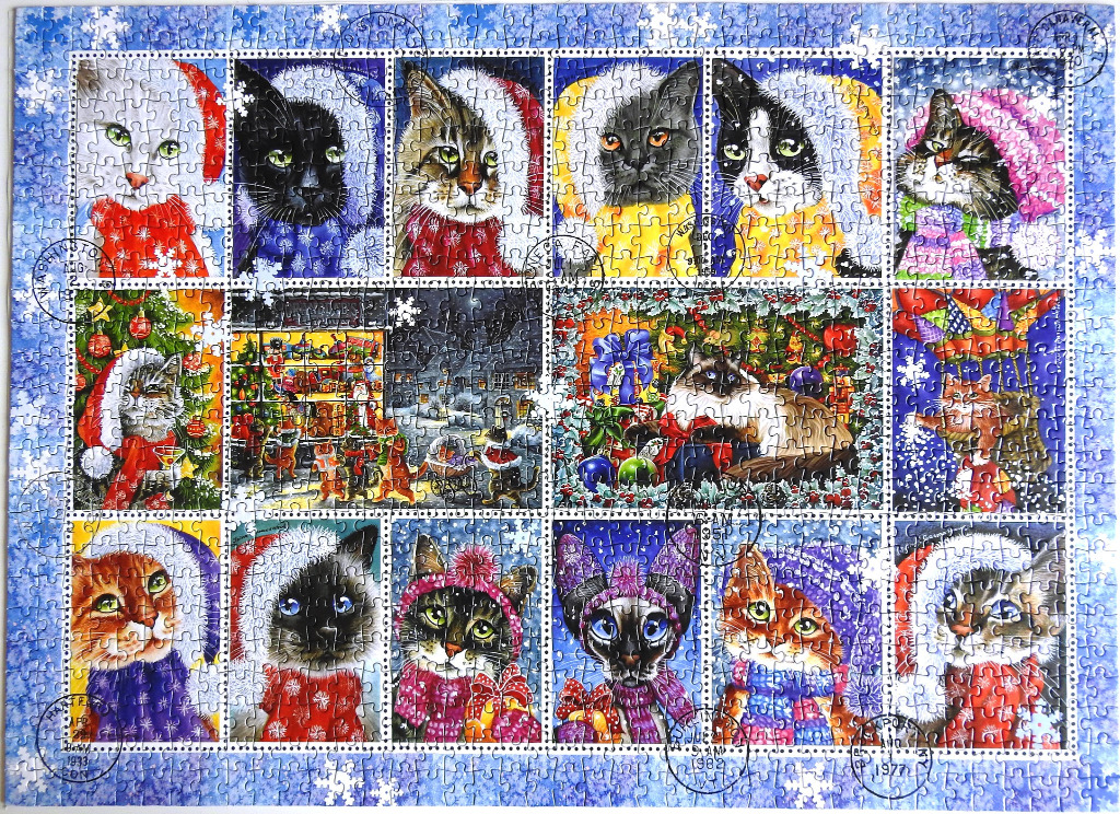 A whimsical collage of Christmas-themed cat portraits designed to look like a sheet of vintage postage stamps.