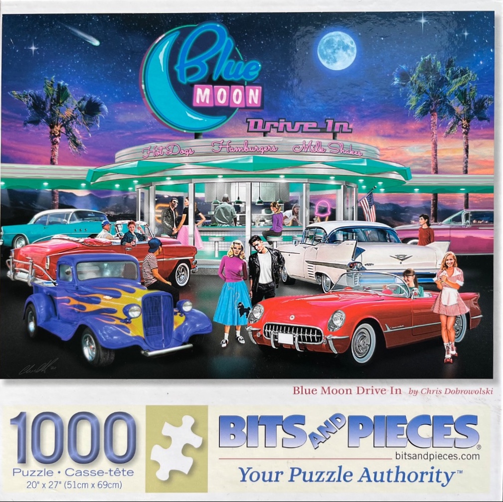 Retro 1950s style scene featuring a neon-lit diner, classic cars, and teenagers at dusk.