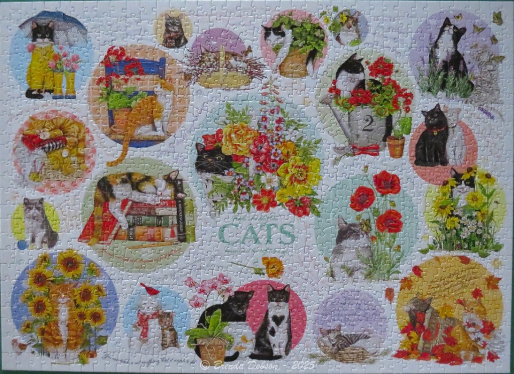 Collage of various cat portraits arranged in circular vignettes surrounded by flowers and garden elements.