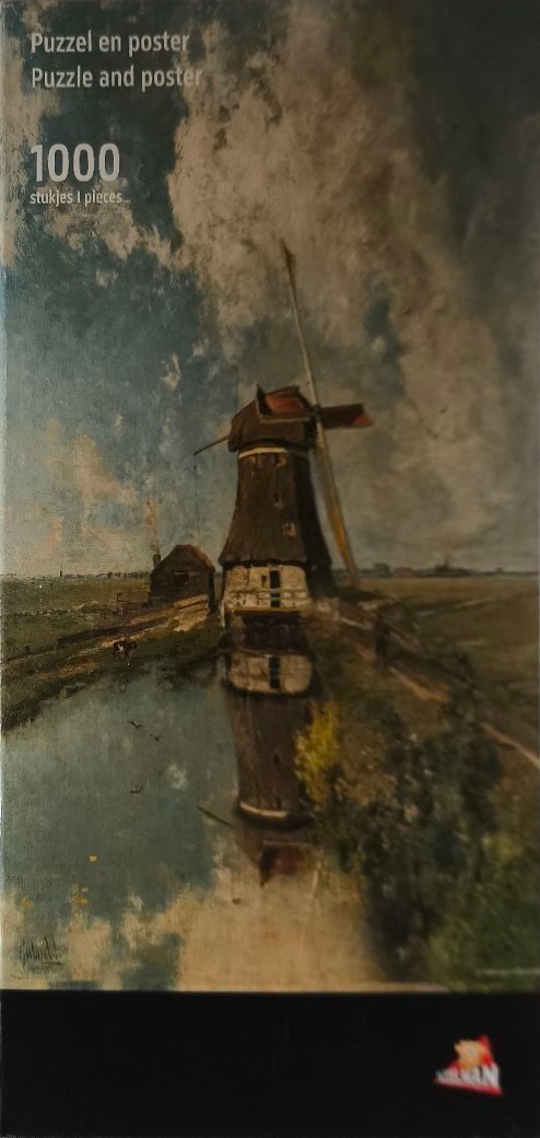 An oil painting of a Dutch windmill reflected in a canal under a moody, cloudy sky.