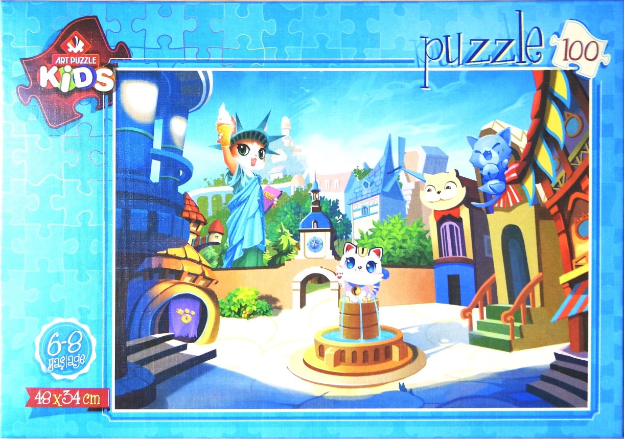 Illustration of cartoon cats in a fantasy city resembling a miniature world with a Statue of Liberty cat.