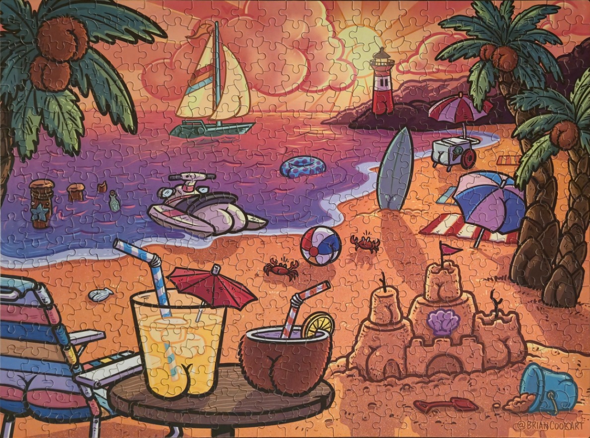 Cartoon illustration of a tropical beach sunset with drinks, palm trees, a sailboat, and a sandcastle.