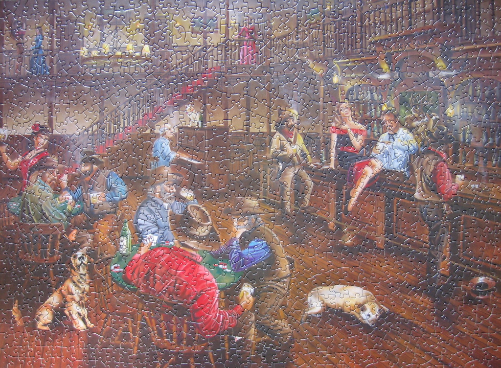 A detailed illustration of a lively 19th-century Old West saloon filled with patrons, cards, and atmosphere.