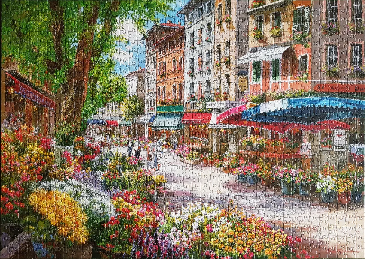A sunny European street scene filled with vibrant flower stalls and classic buildings.