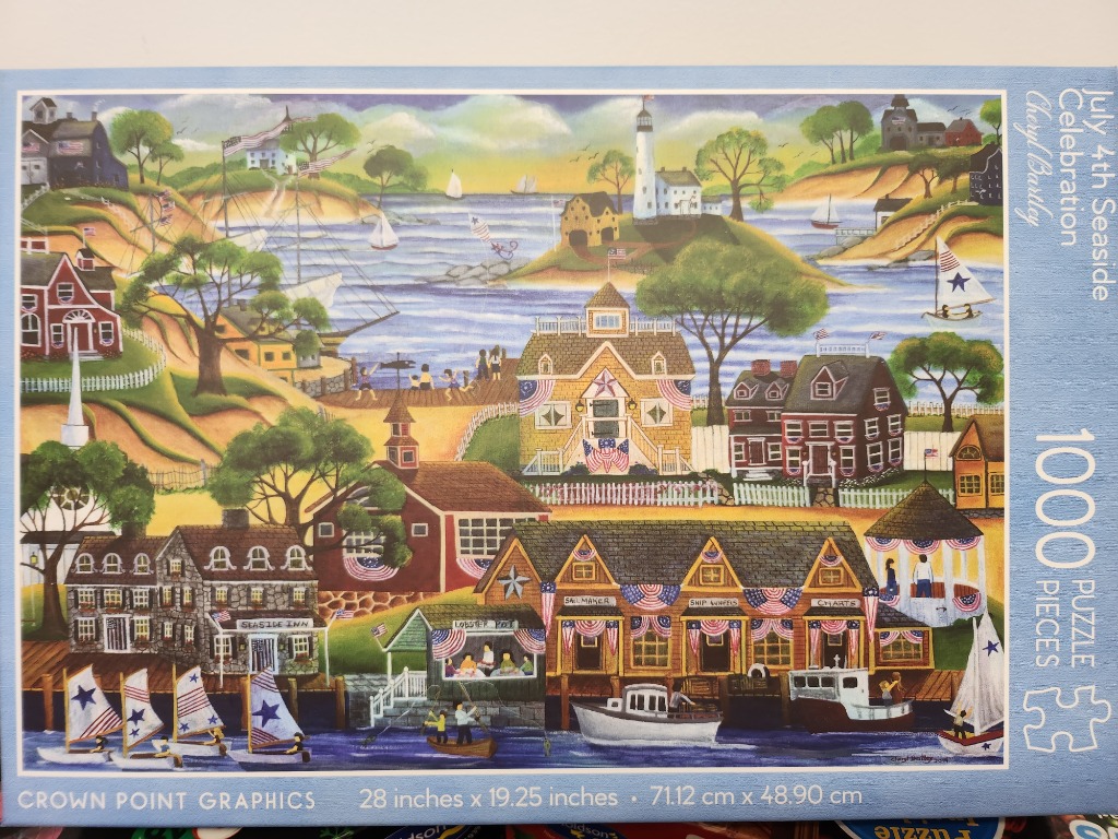 Folk art illustration of a coastal town celebrating Independence Day with ships and decorated buildings.