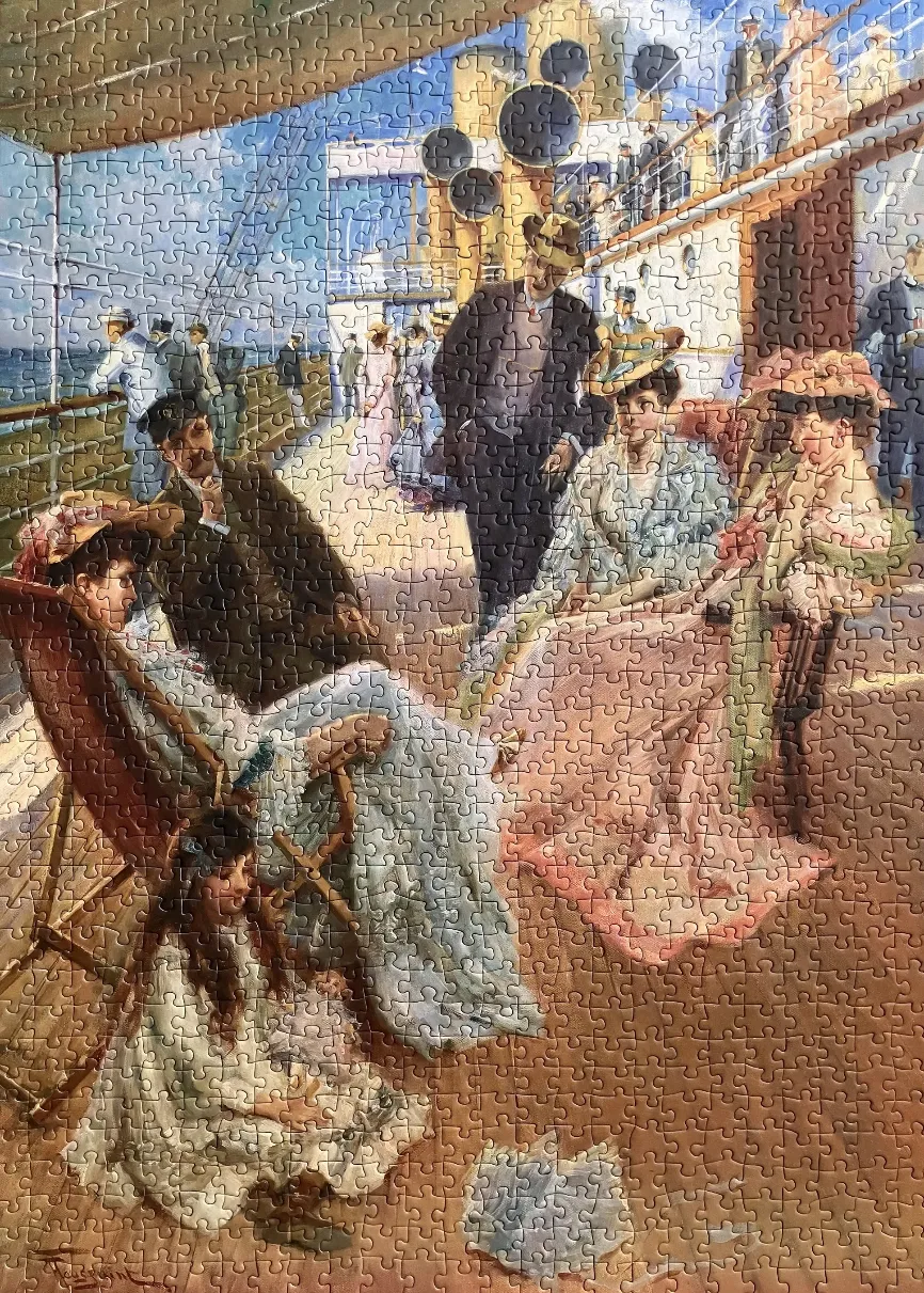 An impressionist painting of passengers relaxing on the deck of a 19th-century ocean liner.