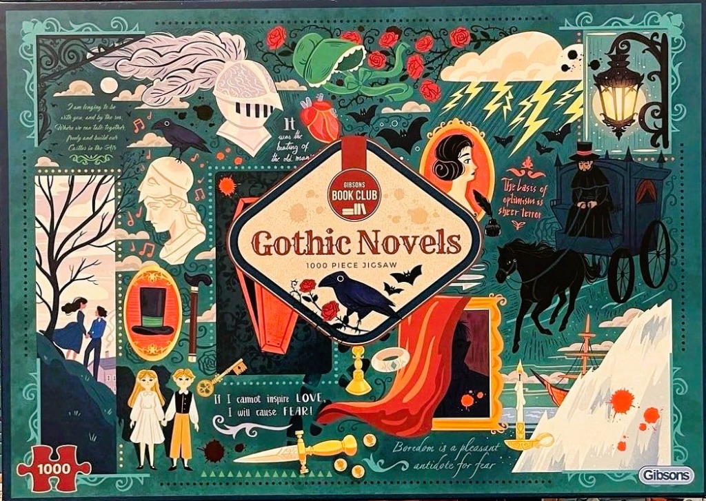 Collage illustration themed around classic Gothic literature featuring dark colors, ornate frames, and Victorian icons.