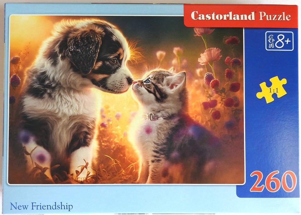 A puppy and a kitten touching noses in a sunlit meadow of wildflowers.