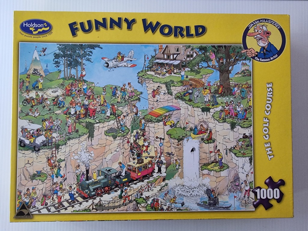 A busy cartoon illustration of a chaotic golf course built into cliffs, with a train, waterfall, and many golfers.