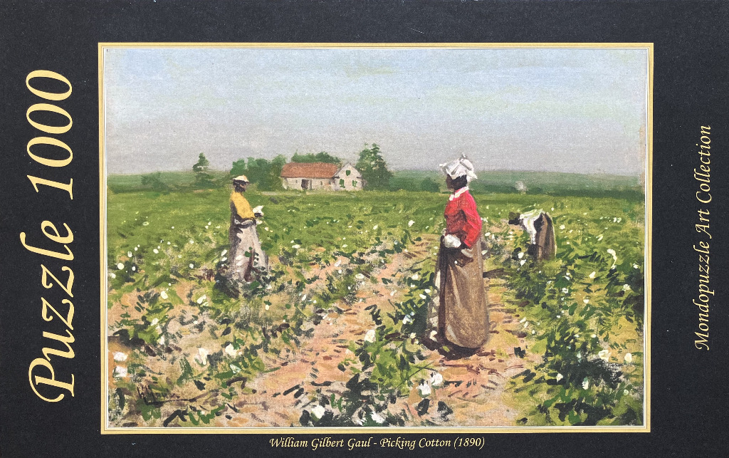 An oil painting by William Gilbert Gaul titled Picking Cotton (1890) showing figures in a field.