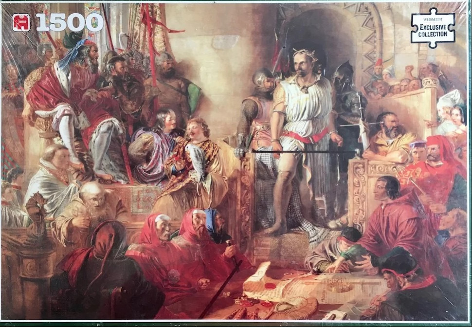 Classical historical oil painting of a medieval royal court scene with a man standing before a seated king.