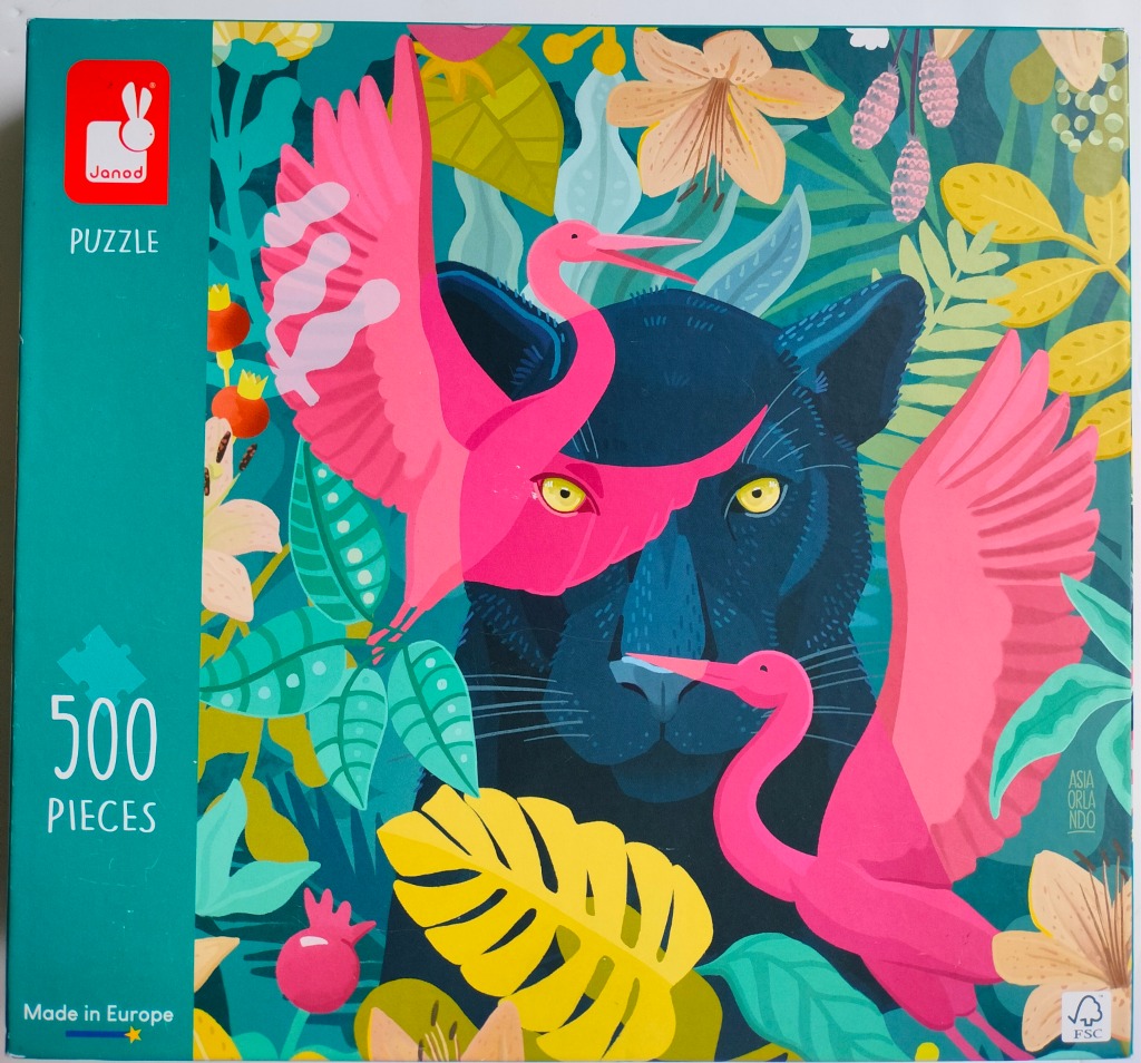 A black panther surrounded by lush tropical foliage and two vibrant pink birds in a stylized digital illustration.