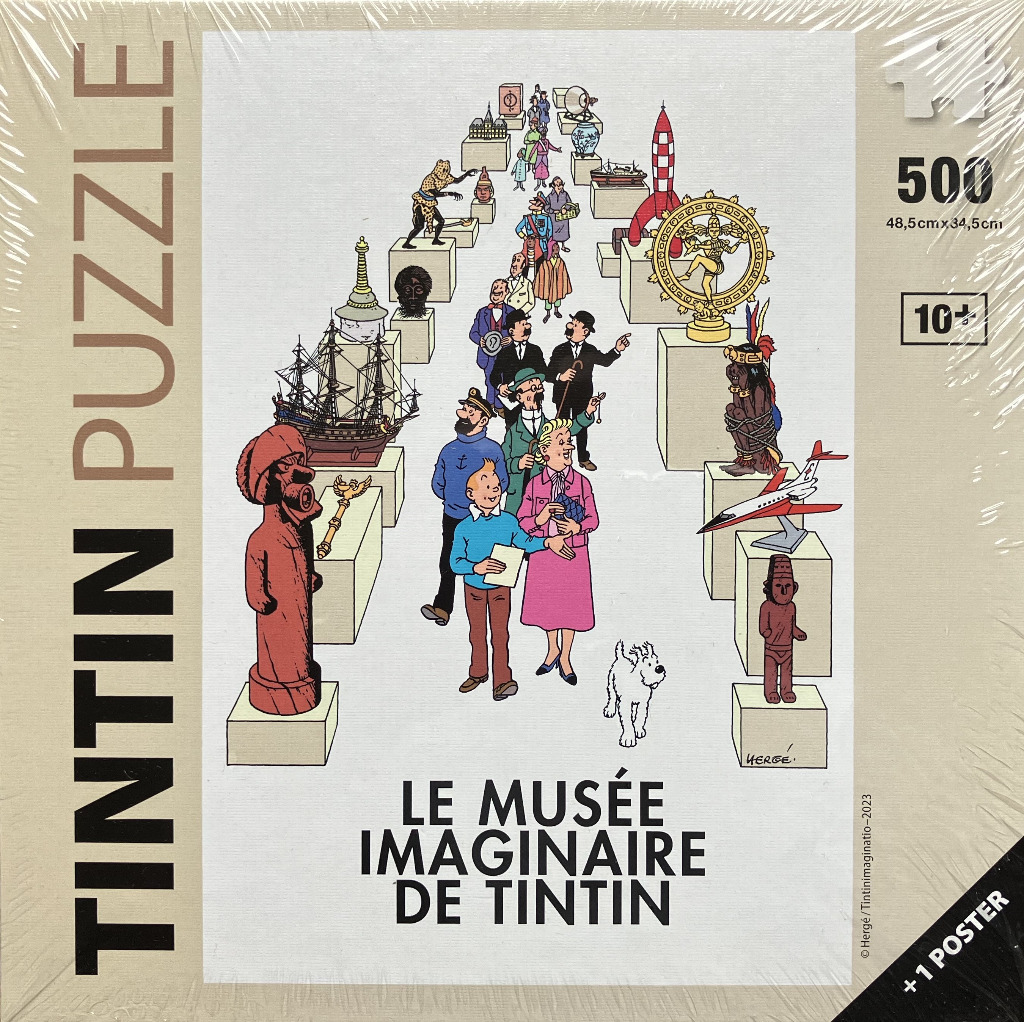 Tintin and other characters walking through an art gallery filled with various historical artifacts and items.