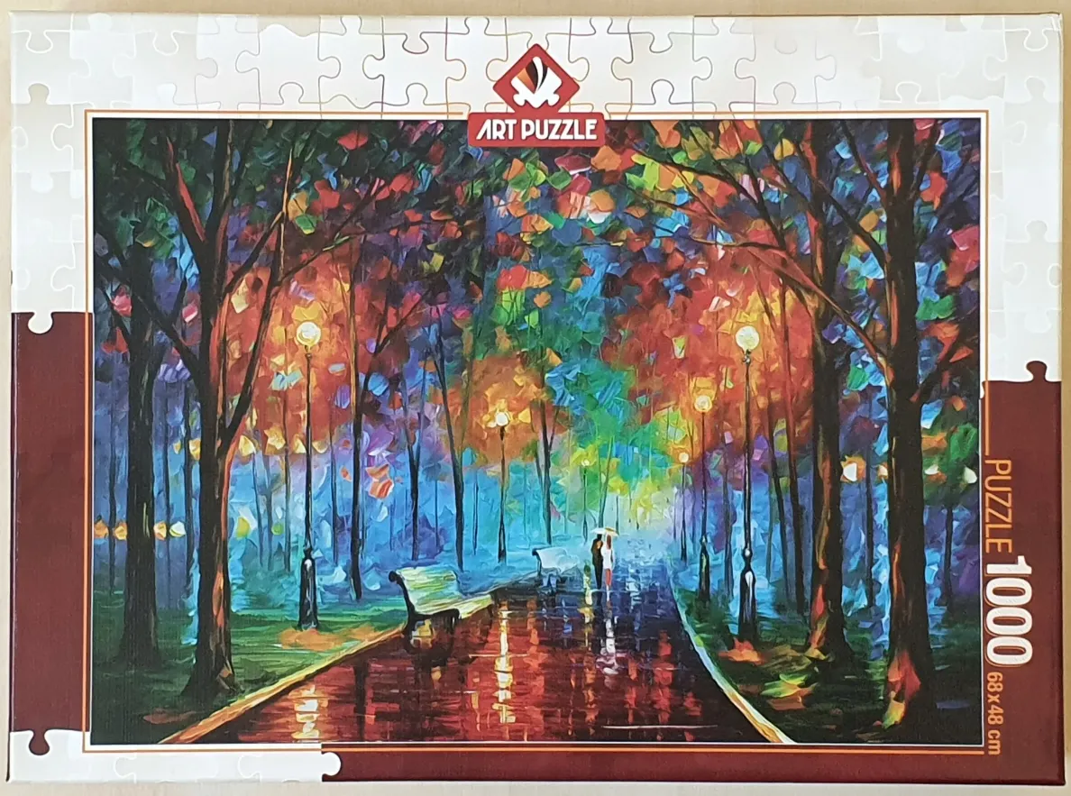 Impressionistic oil painting of a couple walking down a wet park path lined with glowing lamps and autumnal trees.