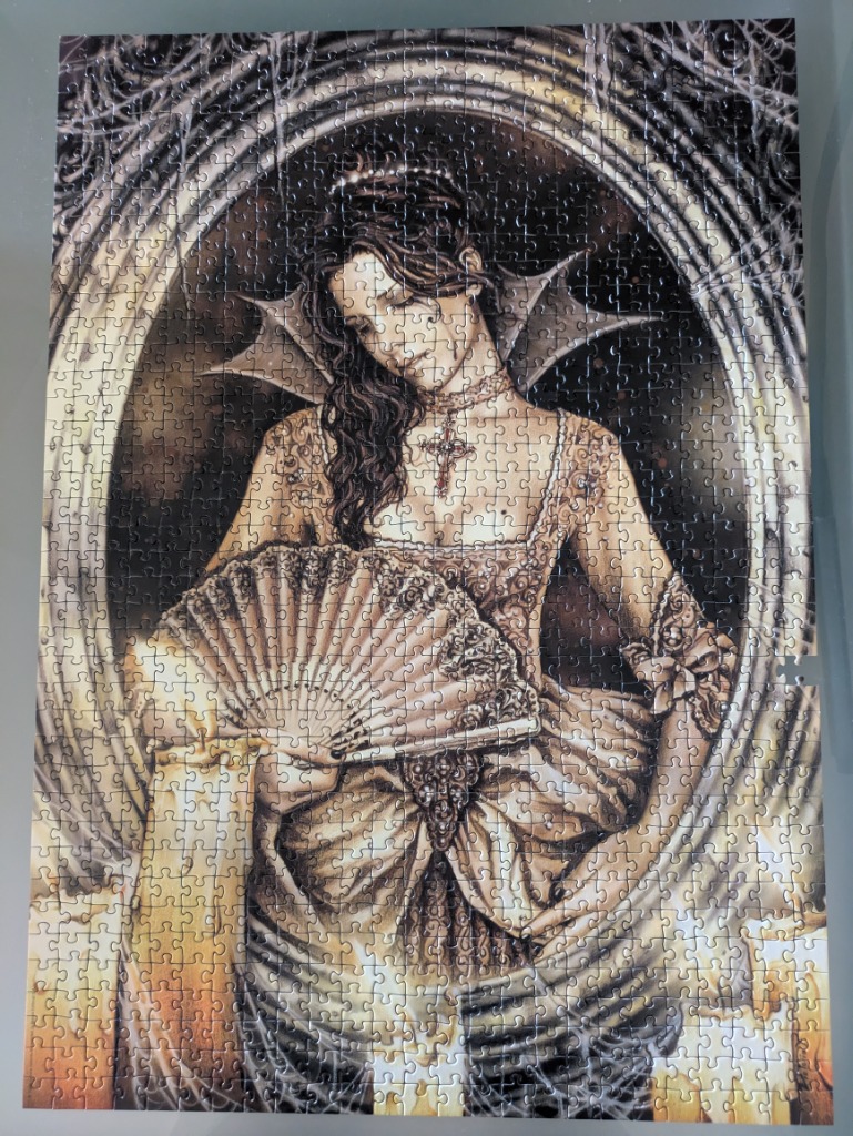 A gothic illustration of a woman in a period dress holding a lace fan, framed by an ornate stone archway.