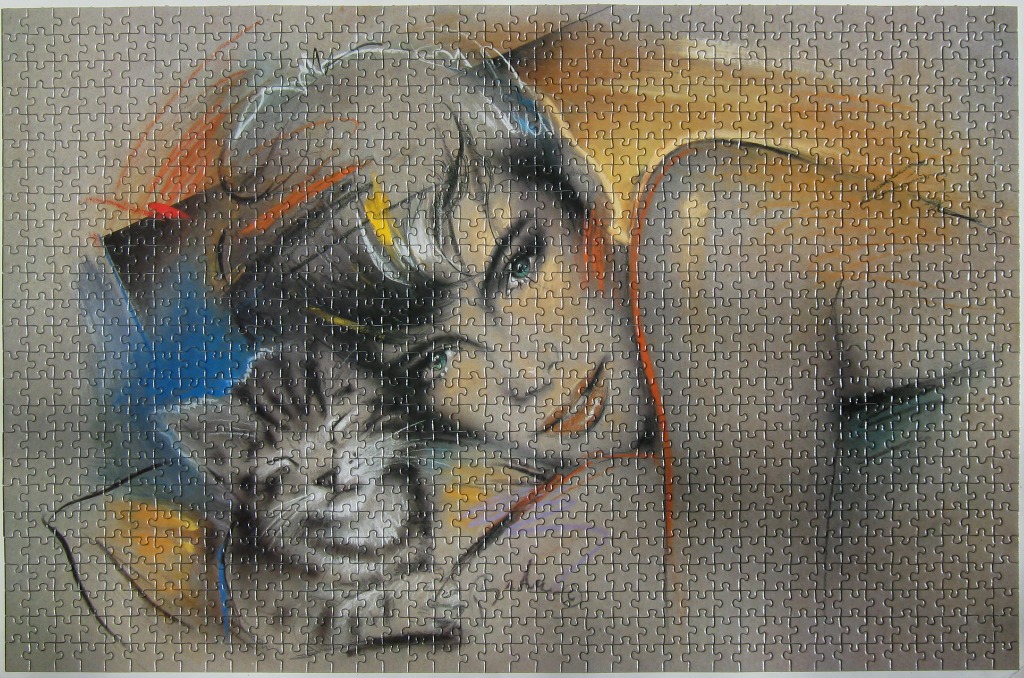 A pastel illustration of a woman's face resting beside a small tabby kitten against a tan background.