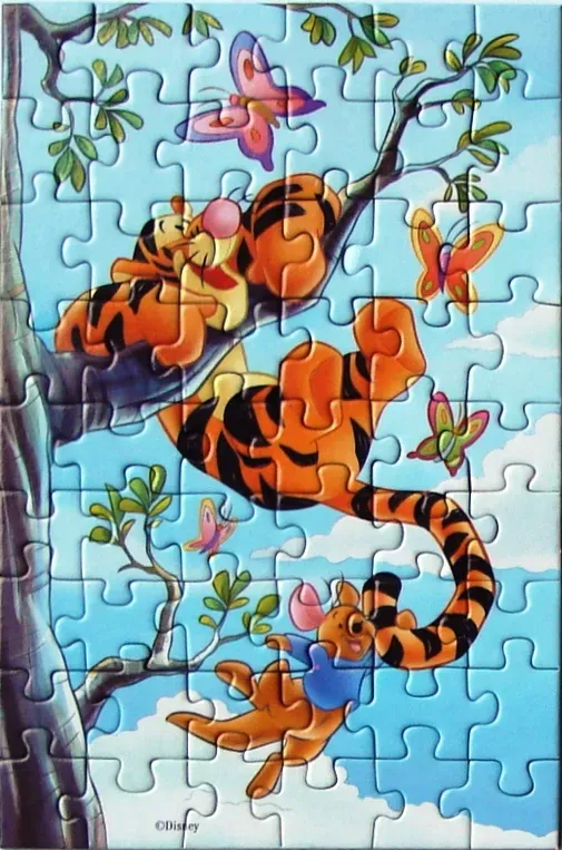Tigger and Roo playing in a tree with colorful butterflies against a blue sky.
