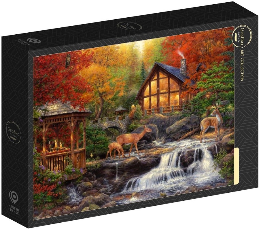 An idyllic autumn forest scene featuring a glowing log cabin, a waterfall, and deer by a gazebo.