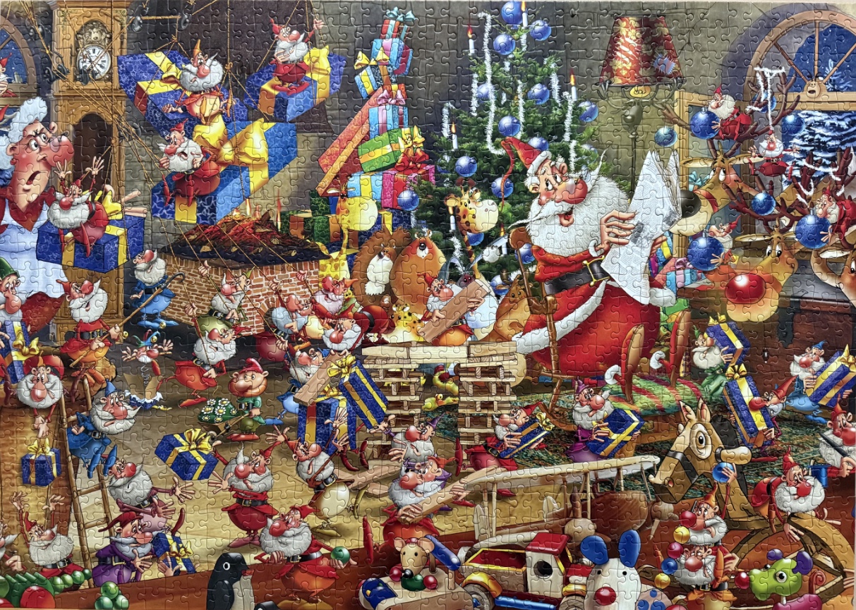 Busy cartoon illustration of Santa, Mrs. Claus, and many elves in a chaotic workshop preparing for Christmas.