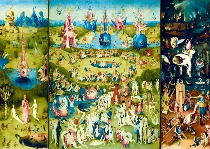 A triptych showing the Garden of Earthly Delights, transitioning from paradise to a surreal garden and then a dark hell.