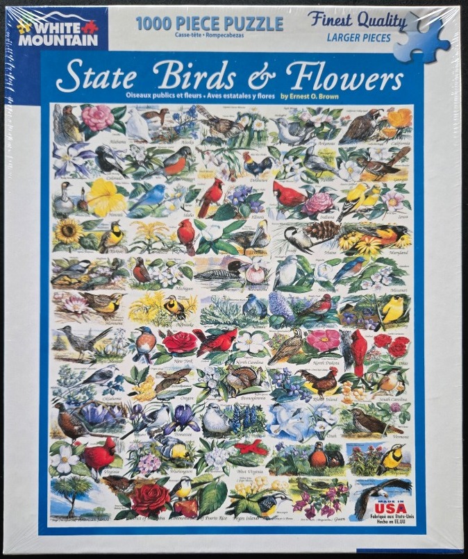 Collage of 50 state birds and flowers arranged in a grid pattern.