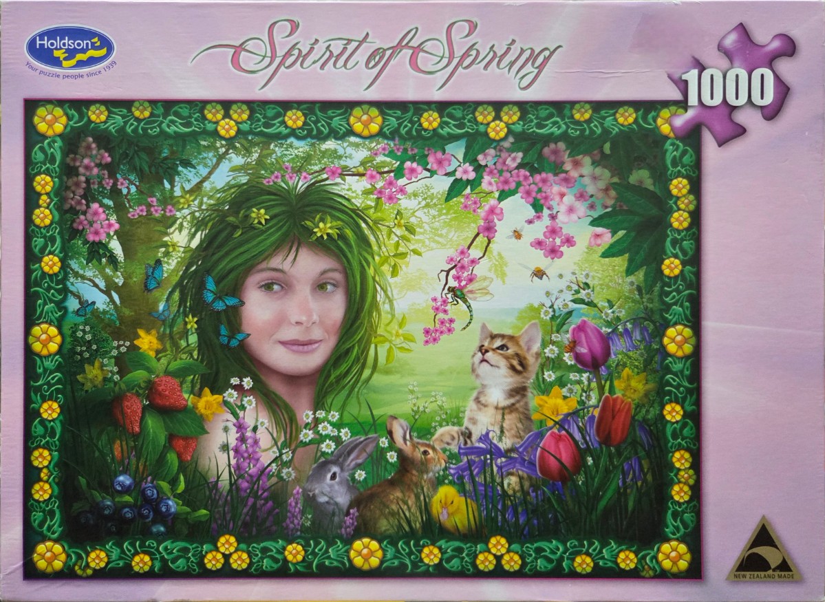 A whimsical illustration of a spring nature spirit with long green hair surrounded by animals and flowers.