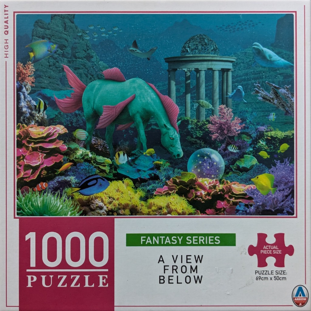 A fantasy illustration of a turquoise seahorse-horse hybrid grazing on a vibrant underwater coral reef.