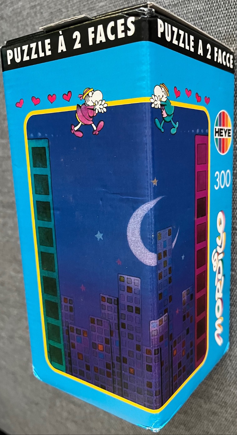 Cartoon illustration of two characters walking toward each other on a dark blue night cityscape background.