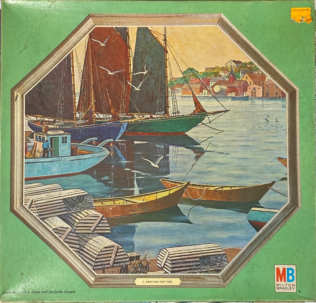 Painting of sailboats and fishing boats in a harbor with a town in the background.
