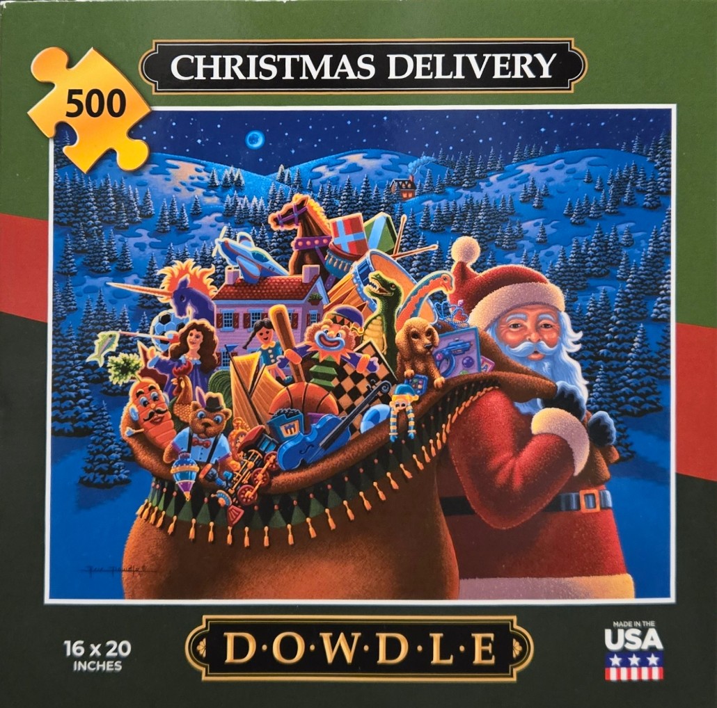 Santa Claus carrying a large sack overflowing with toys in a snowy forest at night.