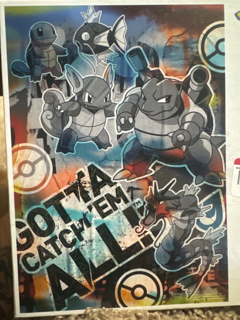 Graphic urban-style collage featuring Pokémon characters Squirtle, Magikarp, Wartortle, Blastoise, and Gyarados.