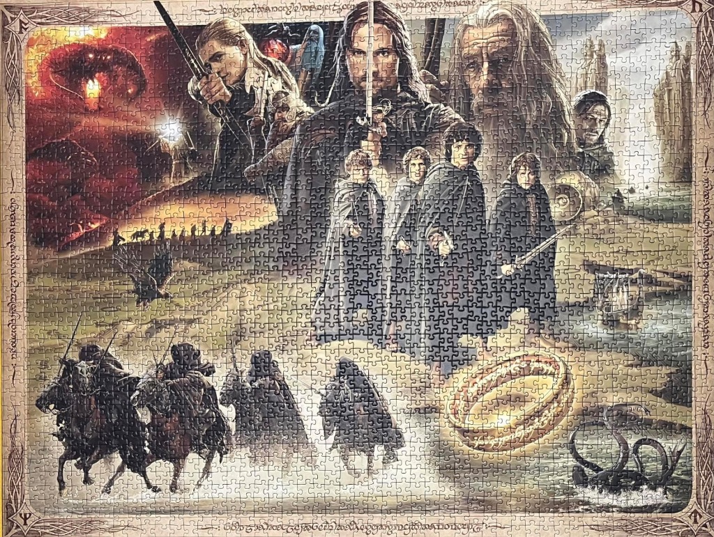 A fantasy illustration featuring characters and motifs from The Lord of the Rings movie trilogy.