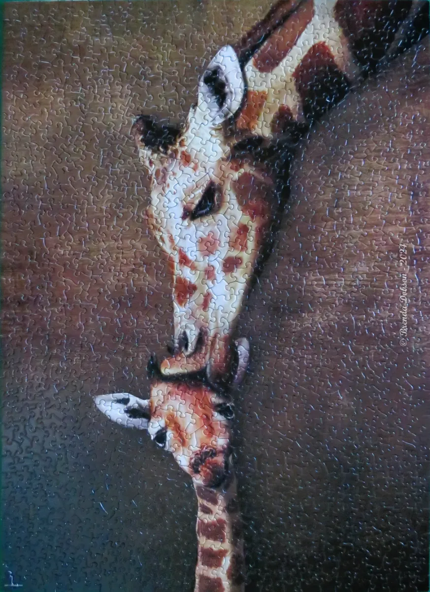 An artistic painting of a mother giraffe nuzzling her calf against a dark, textured brown background.
