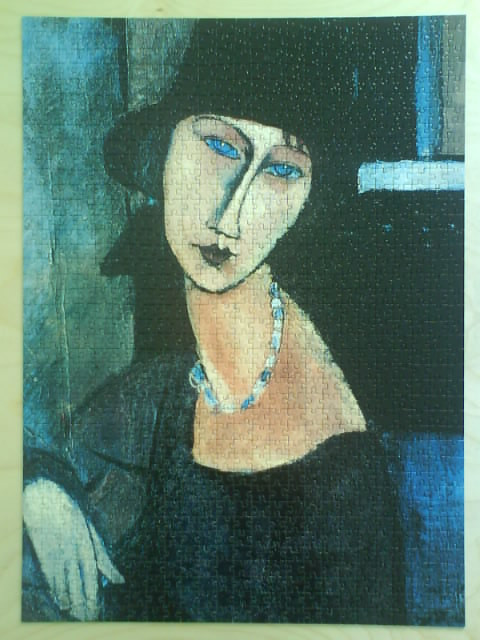 Portrait of a woman wearing a black hat and a beaded necklace in a modernist style with elongated features.