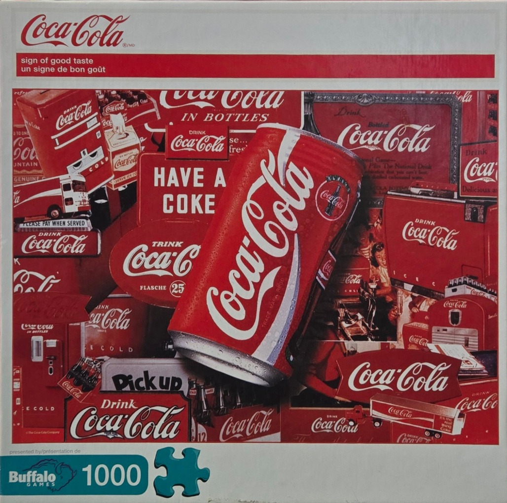 A collage of vintage Coca-Cola advertisements and items featuring a central soda can.