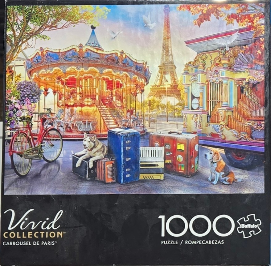 A whimsical Parisian scene with a carousel, the Eiffel Tower, a bicycle, two dogs, and vintage luggage.