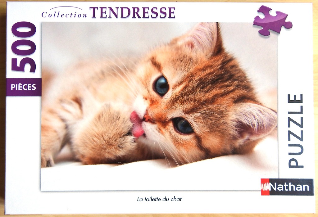 Close-up photograph of a fluffy ginger and white kitten grooming itself