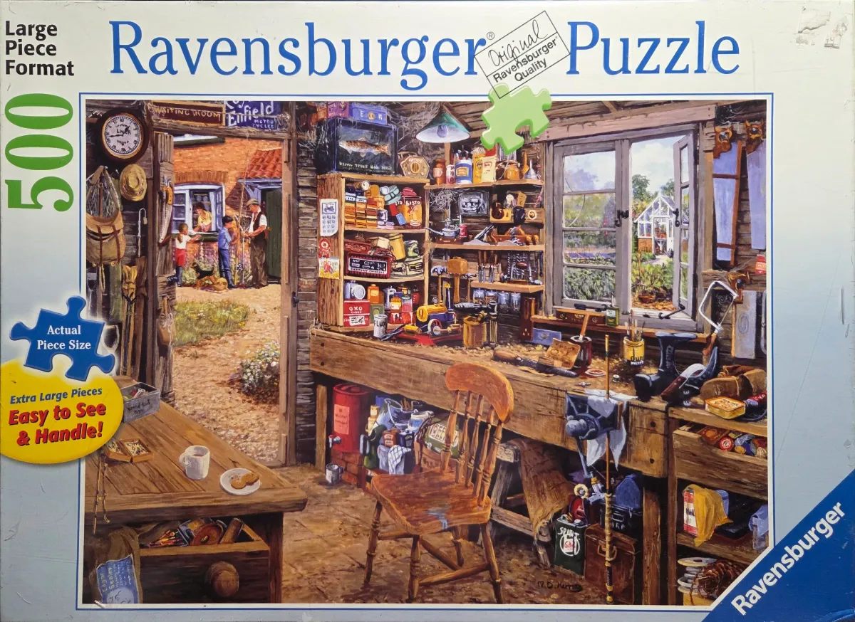 An illustration of a rustic, cluttered wooden garden shed with a view into a sunny backyard.