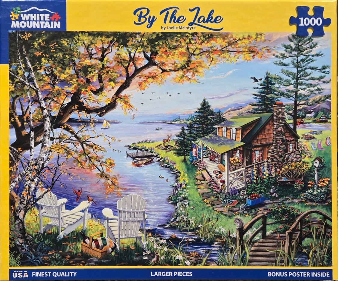 A peaceful lakeside cabin scene in autumn with two white chairs, wildlife, and a stream.