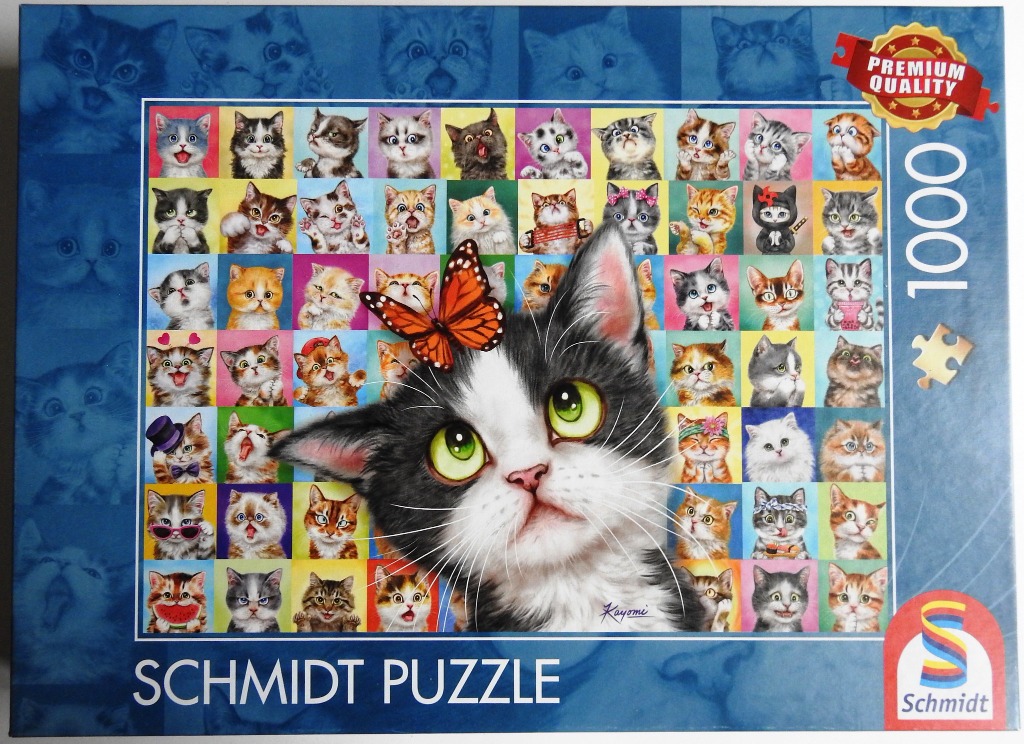 A collage of diverse cat portraits with a large kitten in the foreground featuring a monarch butterfly on its head.