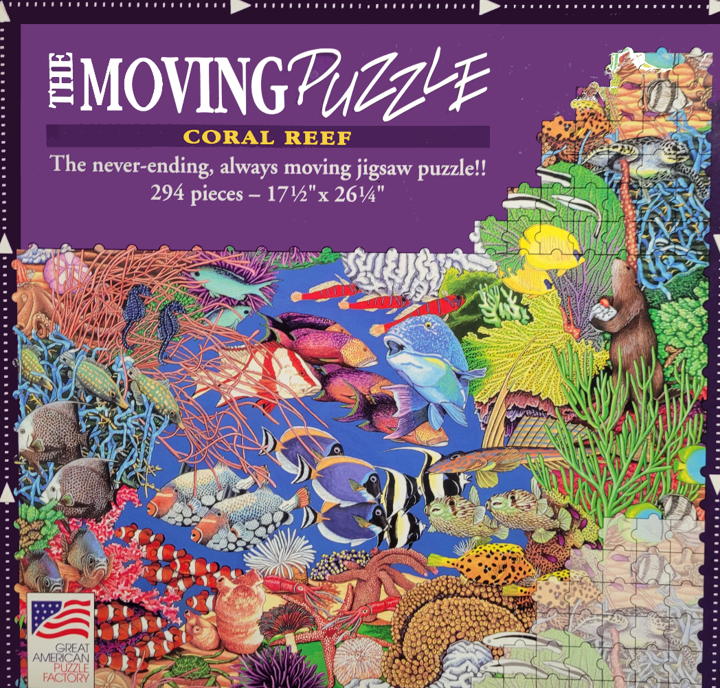 A dense, colorful illustration of a coral reef ecosystem teeming with various fish, sea creatures, and corals.