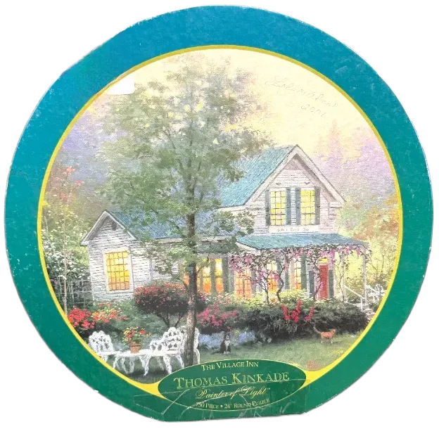A round painting of a cozy village inn with white clapboard siding, glowing windows, and a lush garden.