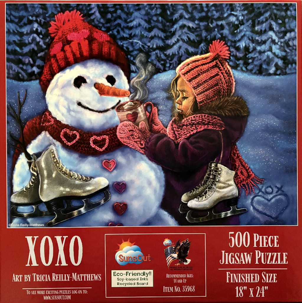 A young girl in a red knit hat and scarf sharing a hot drink with a snowman on a snowy night.
