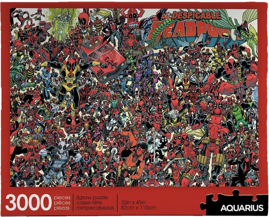A densely packed illustration of dozens of variations of the Marvel character Deadpool in a comic book art style.