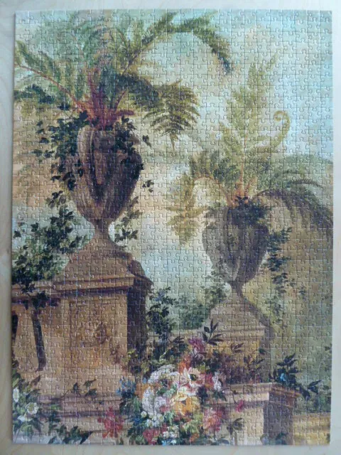 An oil painting of two stone urns overflowing with lush ferns and flowers in a garden setting.