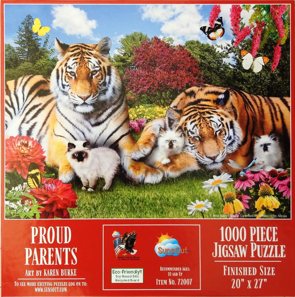 Two adult tigers lying in a meadow with three fluffy Ragdoll-style kittens surrounded by vibrant flowers and butterflies.