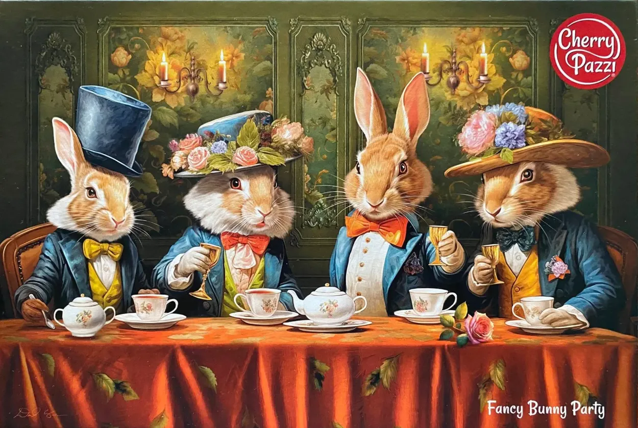 Four anthropomorphic rabbits in Victorian-era attire having a tea party in a formal, wood-paneled room.